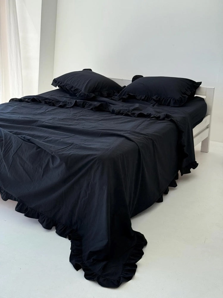 Black Cotton Ruffle Duvet Cover with Bed Sheet and Ruffled Pillowcase, Organic Bedding Set - 4 Pcs