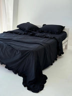 Black Cotton Ruffle Duvet Cover with Bed Sheet and Ruffled Pillowcase, Organic Bedding Set - 4 Pcs