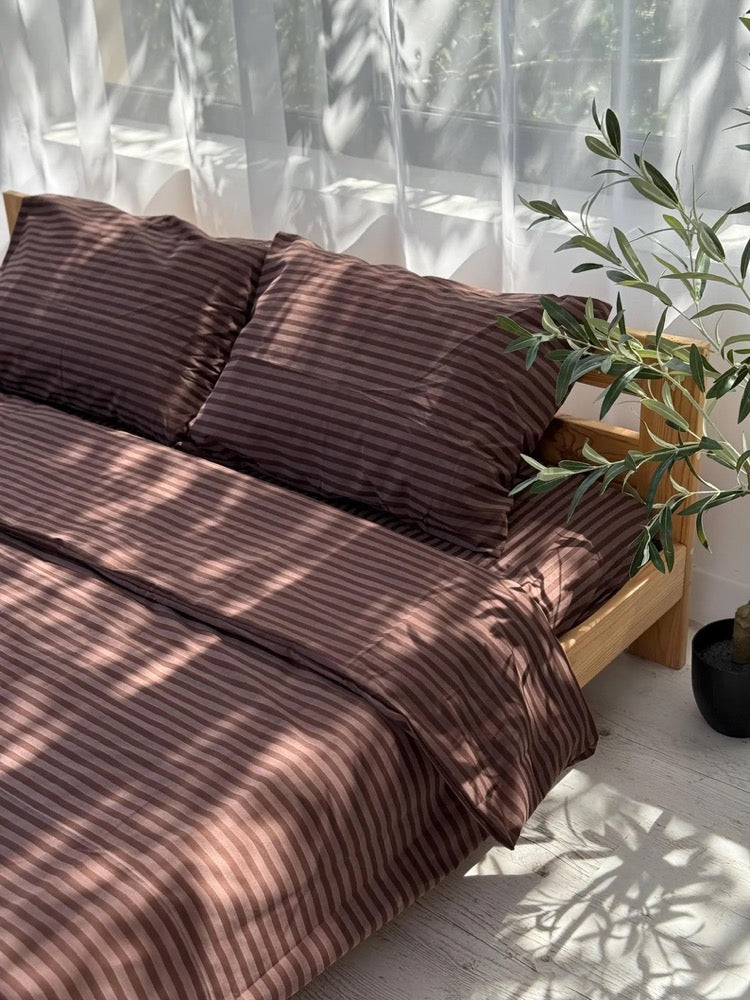 Brown Bedding Set 4 pc, Striped Duvet Cover King Queen Full and Custom, Cotton Fitted Sheet