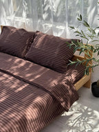 Brown Bedding Set 4 pc, Striped Duvet Cover King Queen Full and Custom, Cotton Fitted Sheet