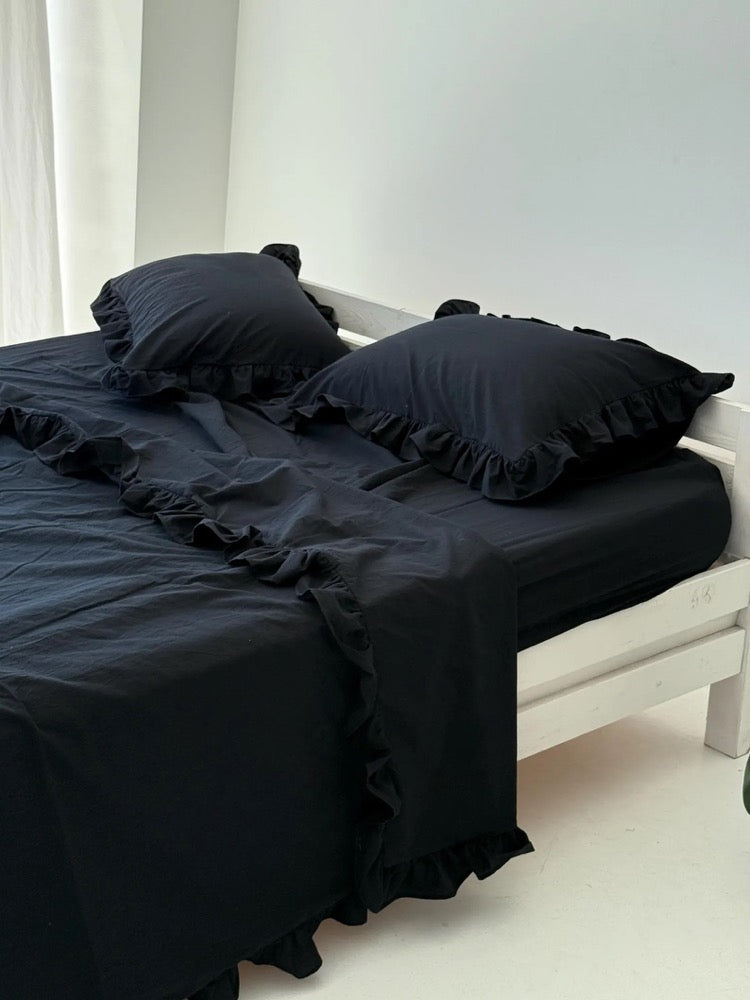Black Cotton Ruffle Duvet Cover with Bed Sheet and Ruffled Pillowcase, Organic Bedding Set - 4 Pcs