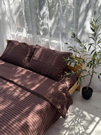 Brown Bedding Set 4 pc, Striped Duvet Cover King Queen Full and Custom, Cotton Fitted Sheet