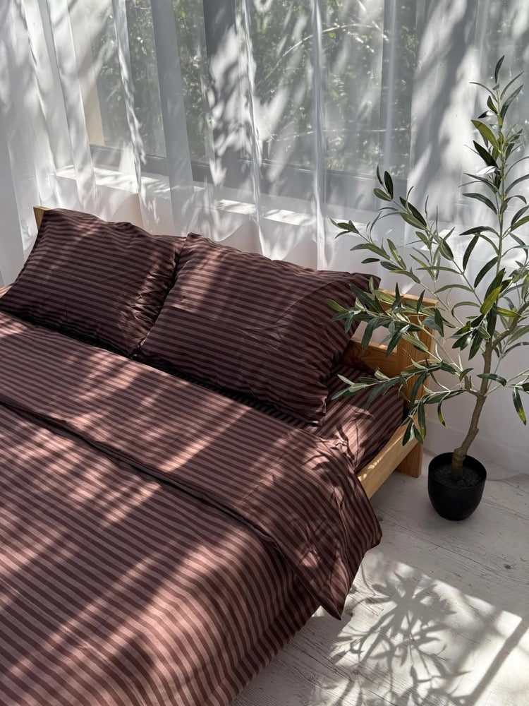 Brown Bedding Set 4 pc, Striped Duvet Cover King Queen Full and Custom, Cotton Fitted Sheet