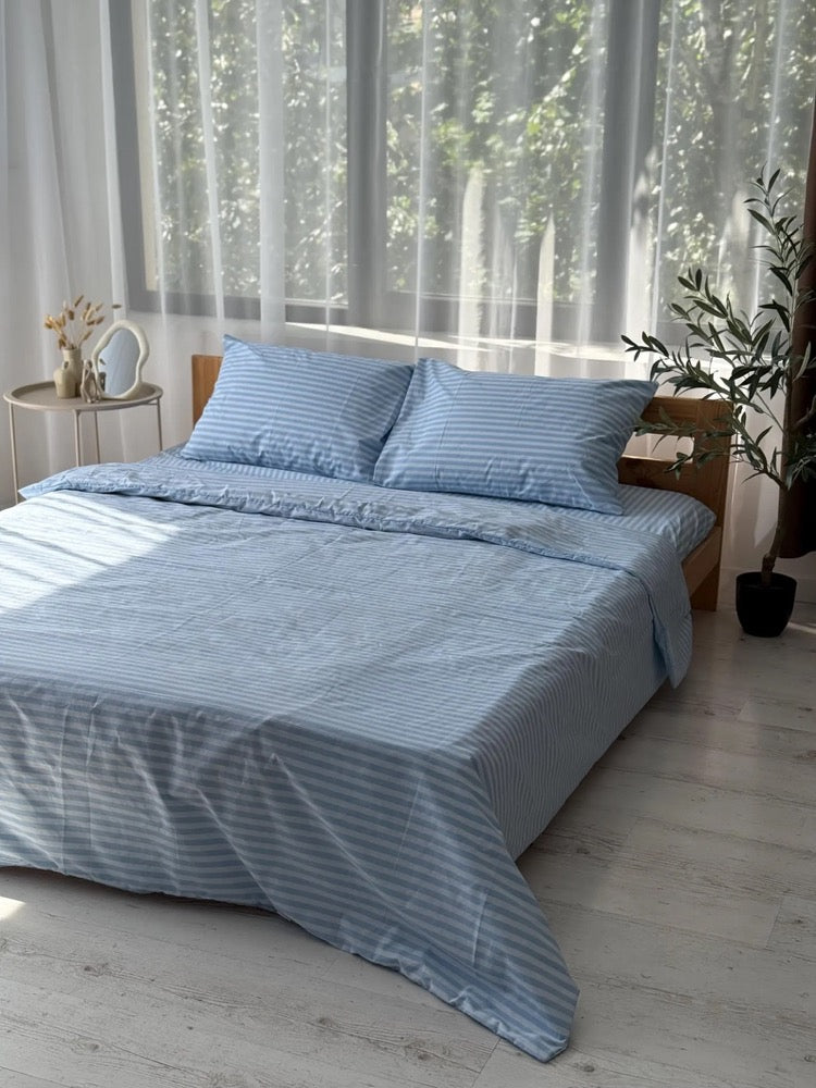 Striped Light Blue Bedding Set: Cotton Duvet Cover Zipper Closure, Flat or Fitted Sheet and 2 Pillowcases