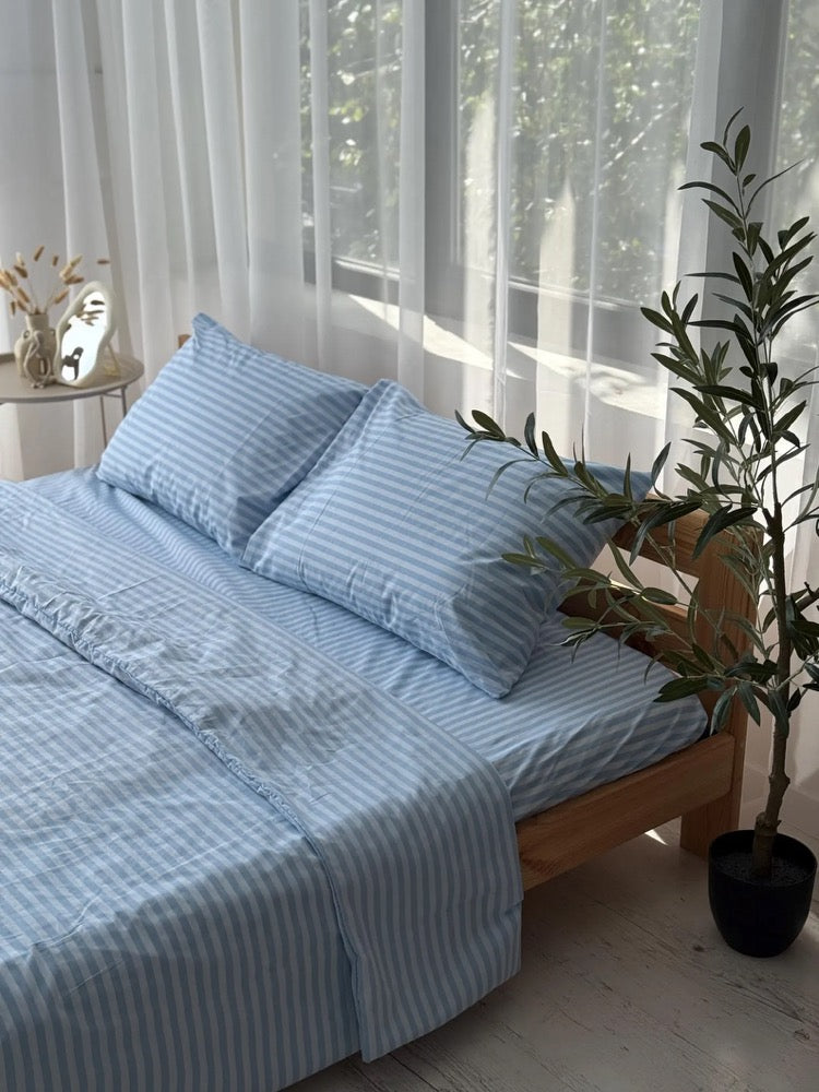 Striped Light Blue Bedding Set: Cotton Duvet Cover Zipper Closure, Flat or Fitted Sheet and 2 Pillowcases