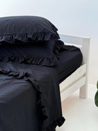 Black Cotton Ruffle Duvet Cover with Bed Sheet and Ruffled Pillowcase, Organic Bedding Set - 4 Pcs