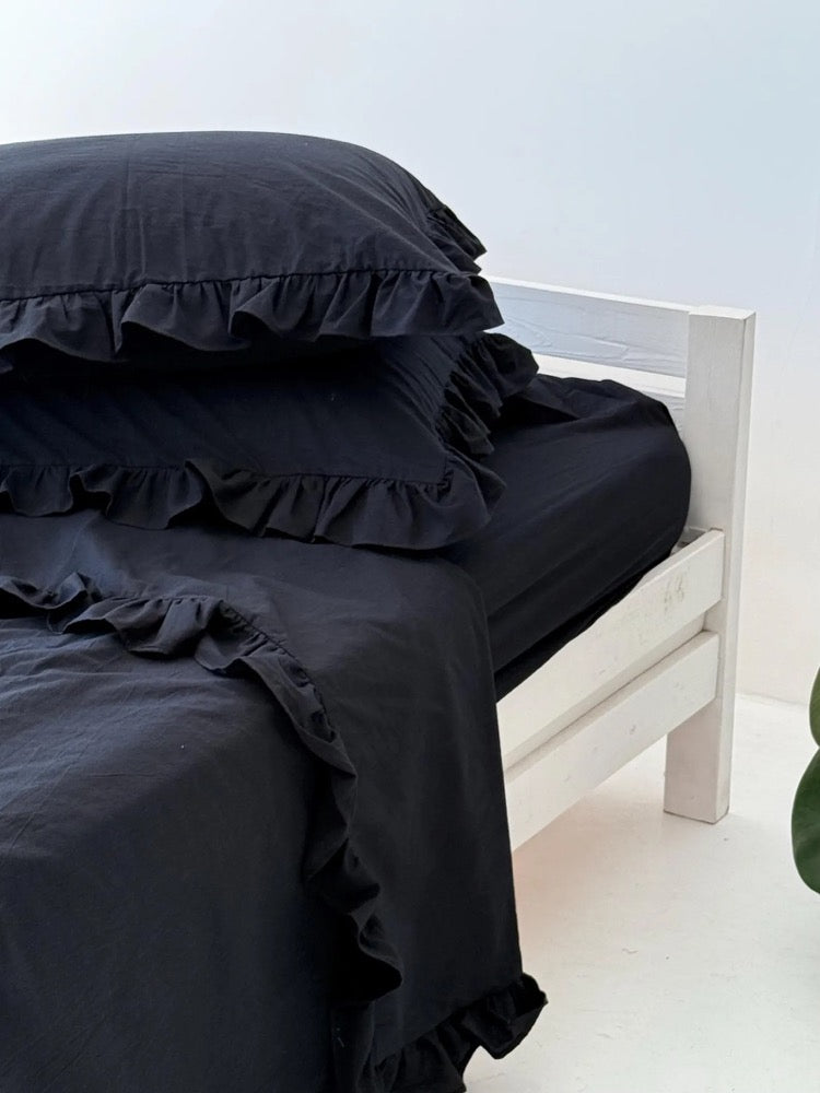 Black Cotton Ruffle Duvet Cover with Bed Sheet and Ruffled Pillowcase, Organic Bedding Set - 4 Pcs