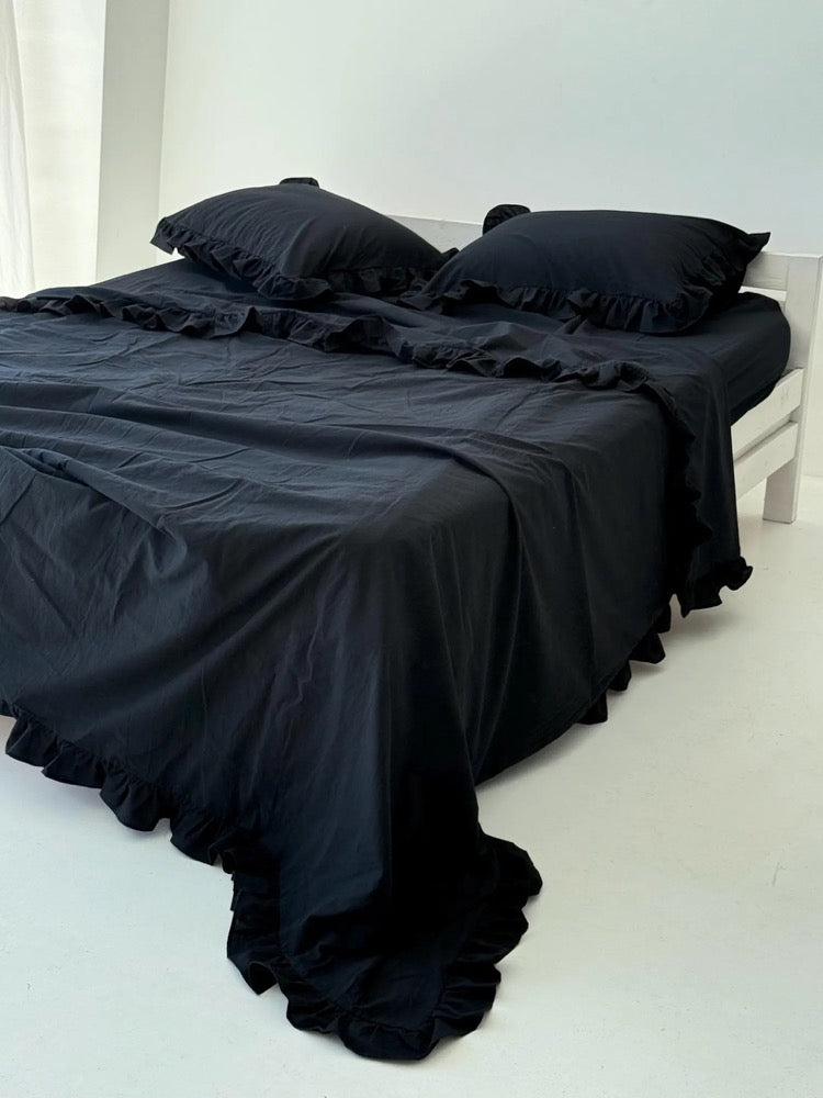 Black Cotton Ruffle Duvet Cover with Bed Sheet and Ruffled Pillowcase, Organic Bedding Set - 4 Pcs