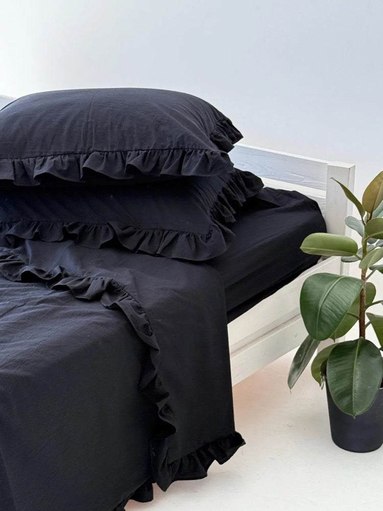 Black Cotton Ruffle Duvet Cover with Bed Sheet and Ruffled Pillowcase, Organic Bedding Set - 4 Pcs